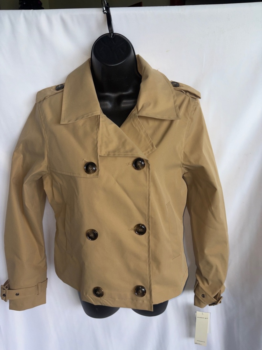 Madden Girl Juniors' short Pea Coat, sz S, Tan, 19” PTP, 22” L